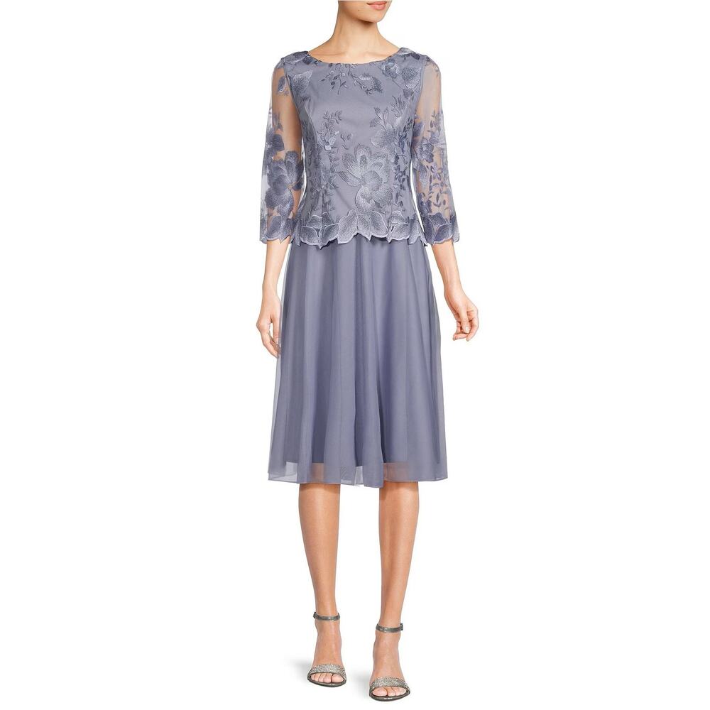 Alex Evenings Dress Size 4 Purple Embroidered Chiffon Mock Tea Knee Length Midi - Picture 1 of 14